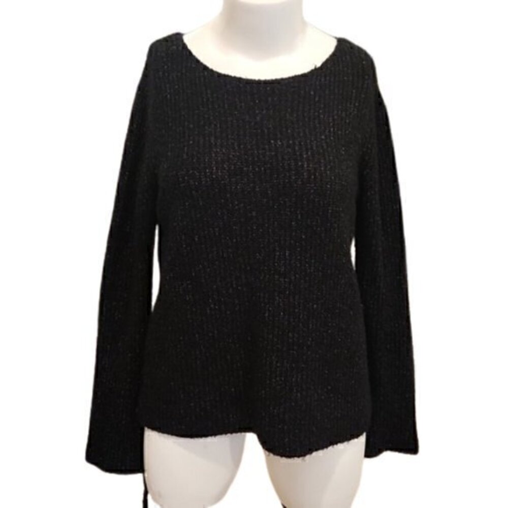 [Love Tree] Black Ribbed Sweater with Tie Sleeves - Size L